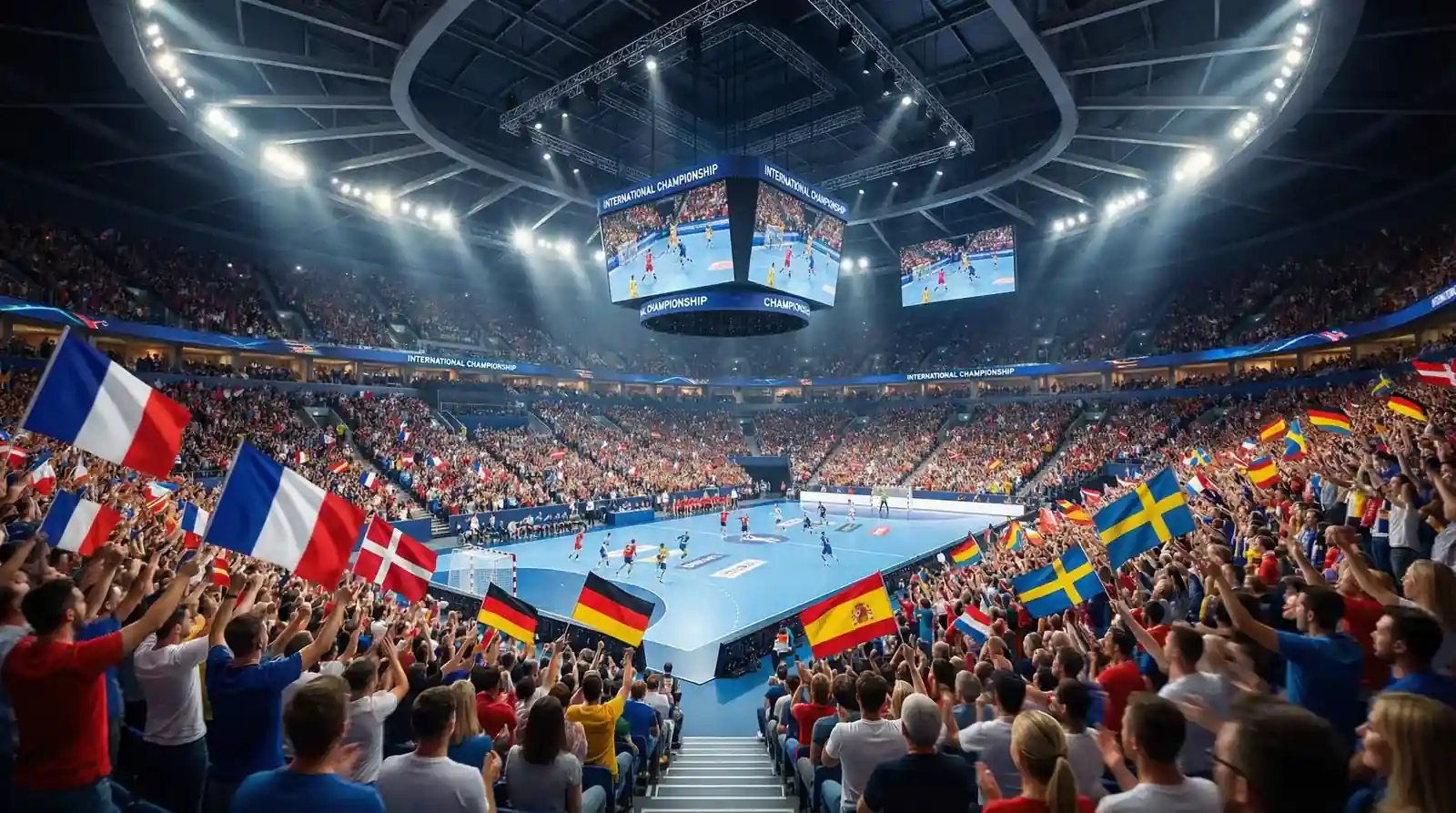 Ambiance grandiose d'une compétition internationale de handball avec drapeaux
