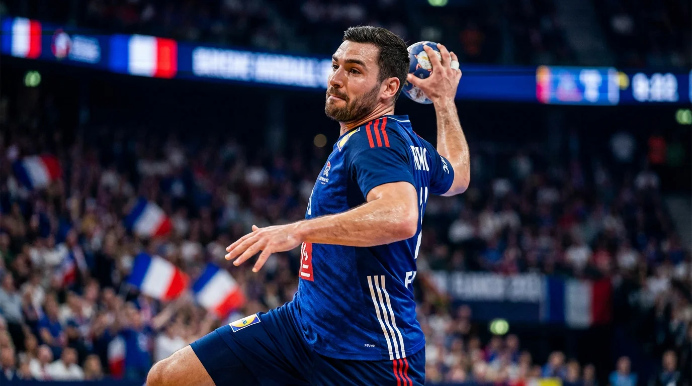Joueur de handball français en action lors d'un match intense