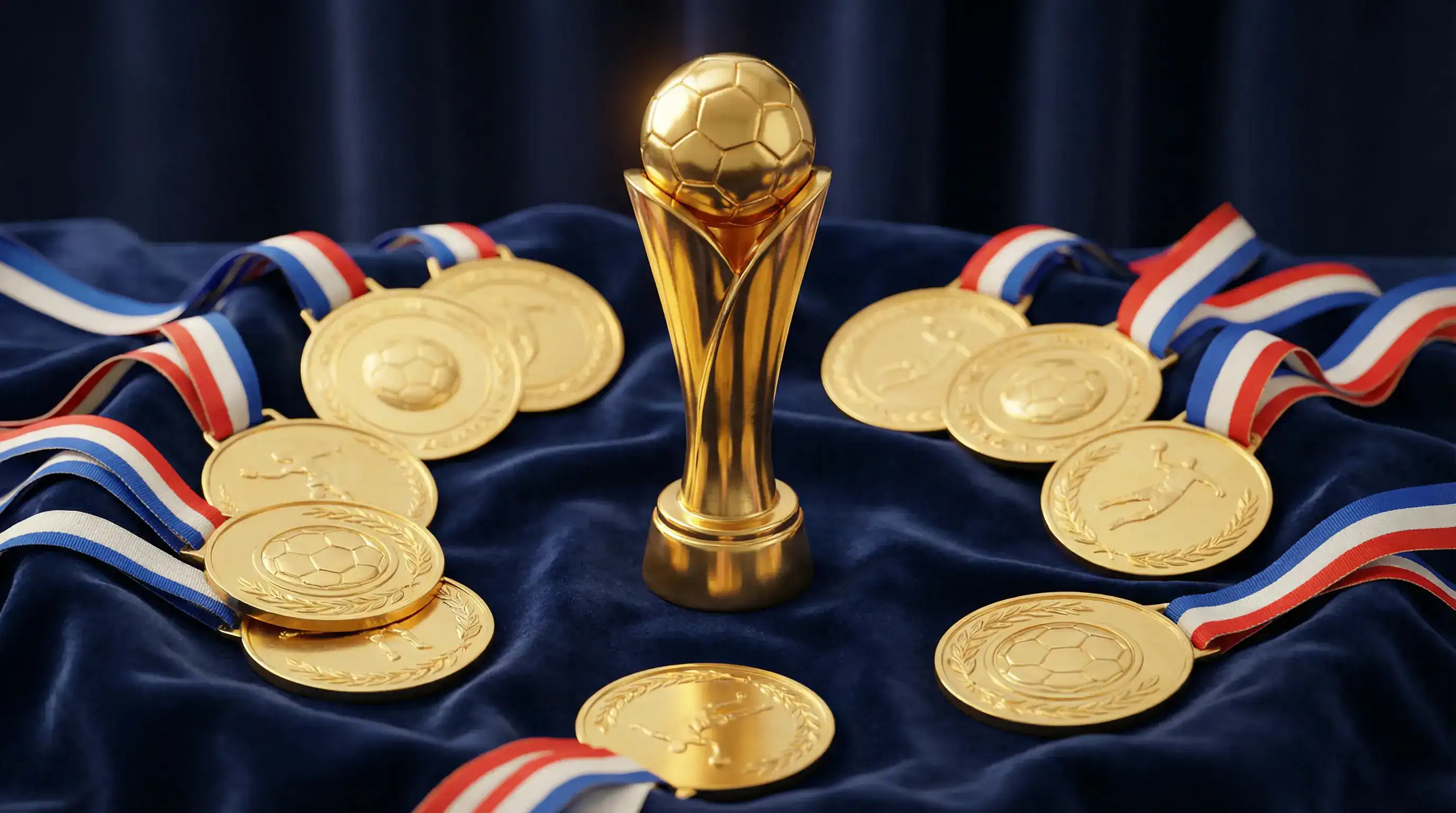 Médailles d'or et trophées du handball français sur velours bleu